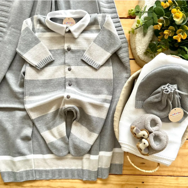 Saída Maternidade Tricot Clássico Listras Botões - Cinza
