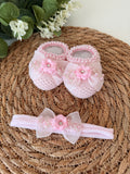 Kit Sapatinhos Tricot Bordado Luxo com Laço Pérola Tiara