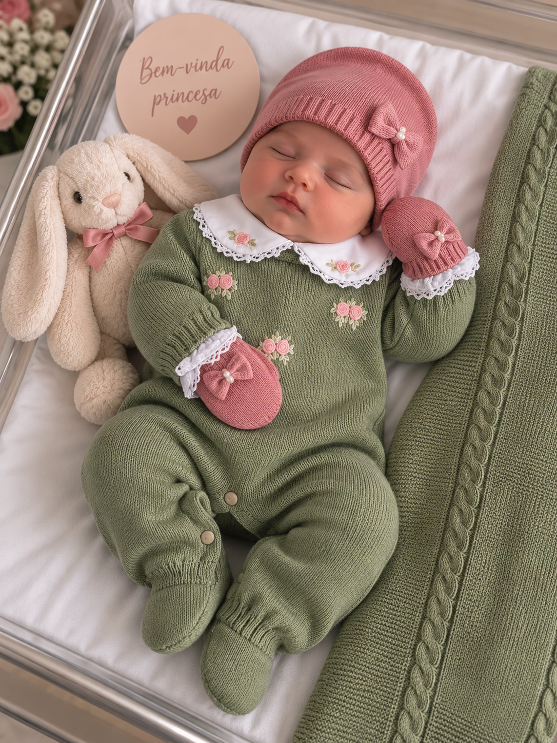 Saída Maternidade Tricot Verde Floral Rosa