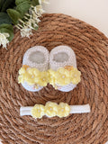 Kit Sapatinhos Tricot Bordado Luxo com Laço Flores Tiara