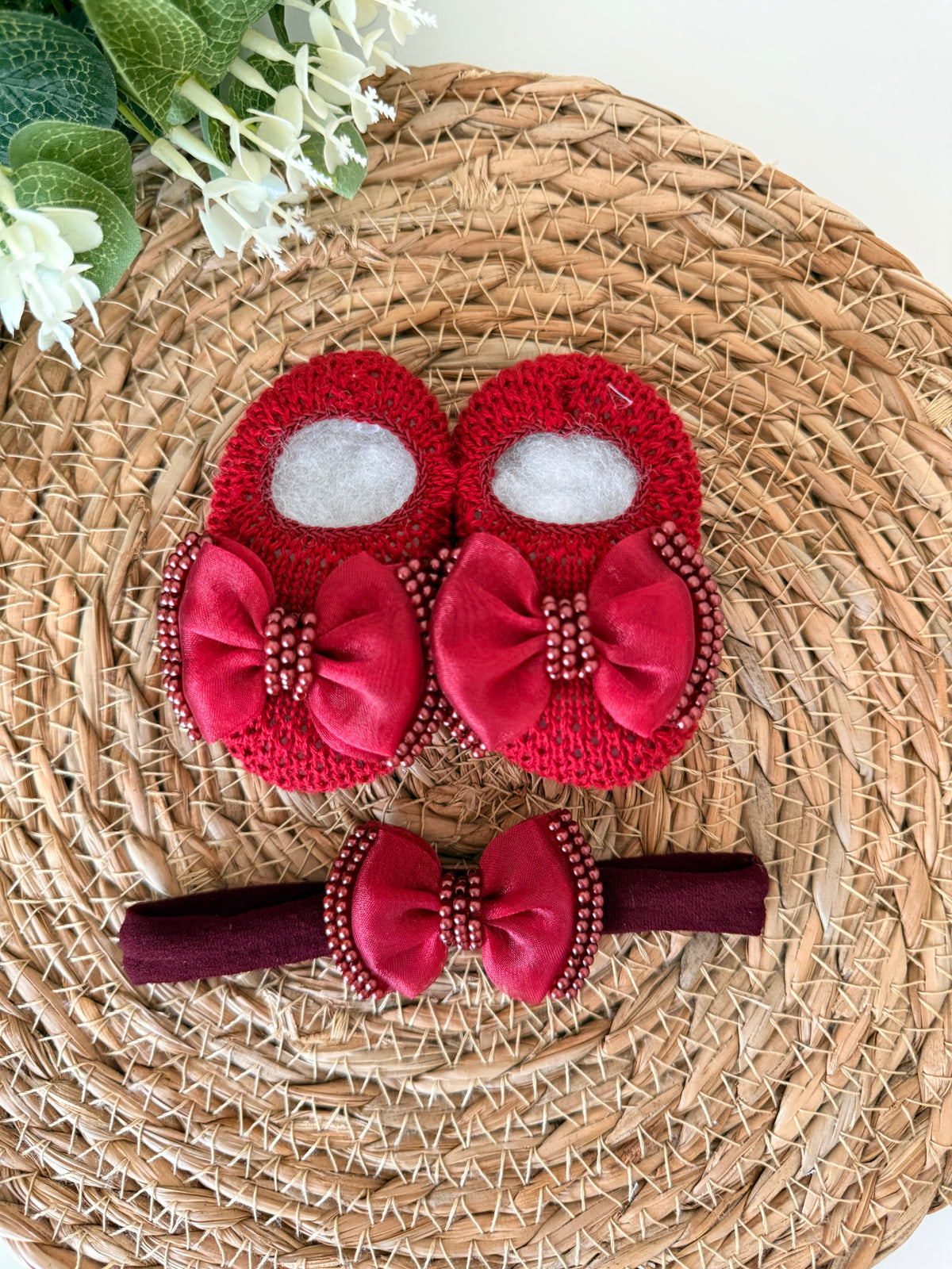 Kit Sapatinhos Tricot Bordado Luxo com Laço Tiara