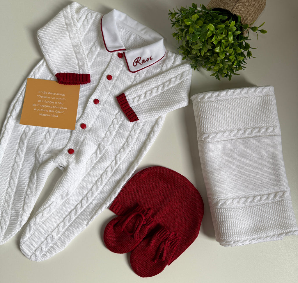 Saída Maternidade Tricot Giuseppe - Branco / Vermelho