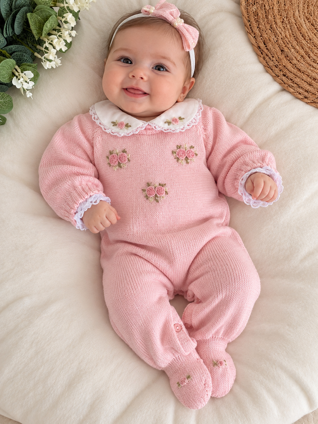 Saída Maternidade Tricot Verde Floral Rosa