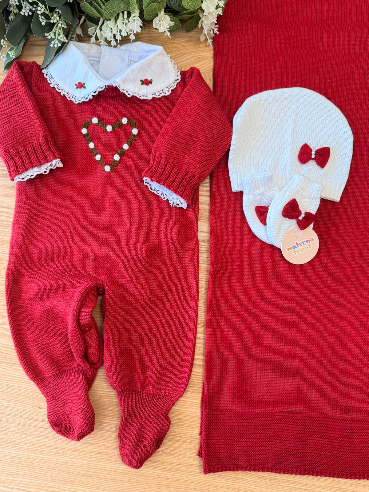 Saída Maternidade Tricot Vermelho Coração