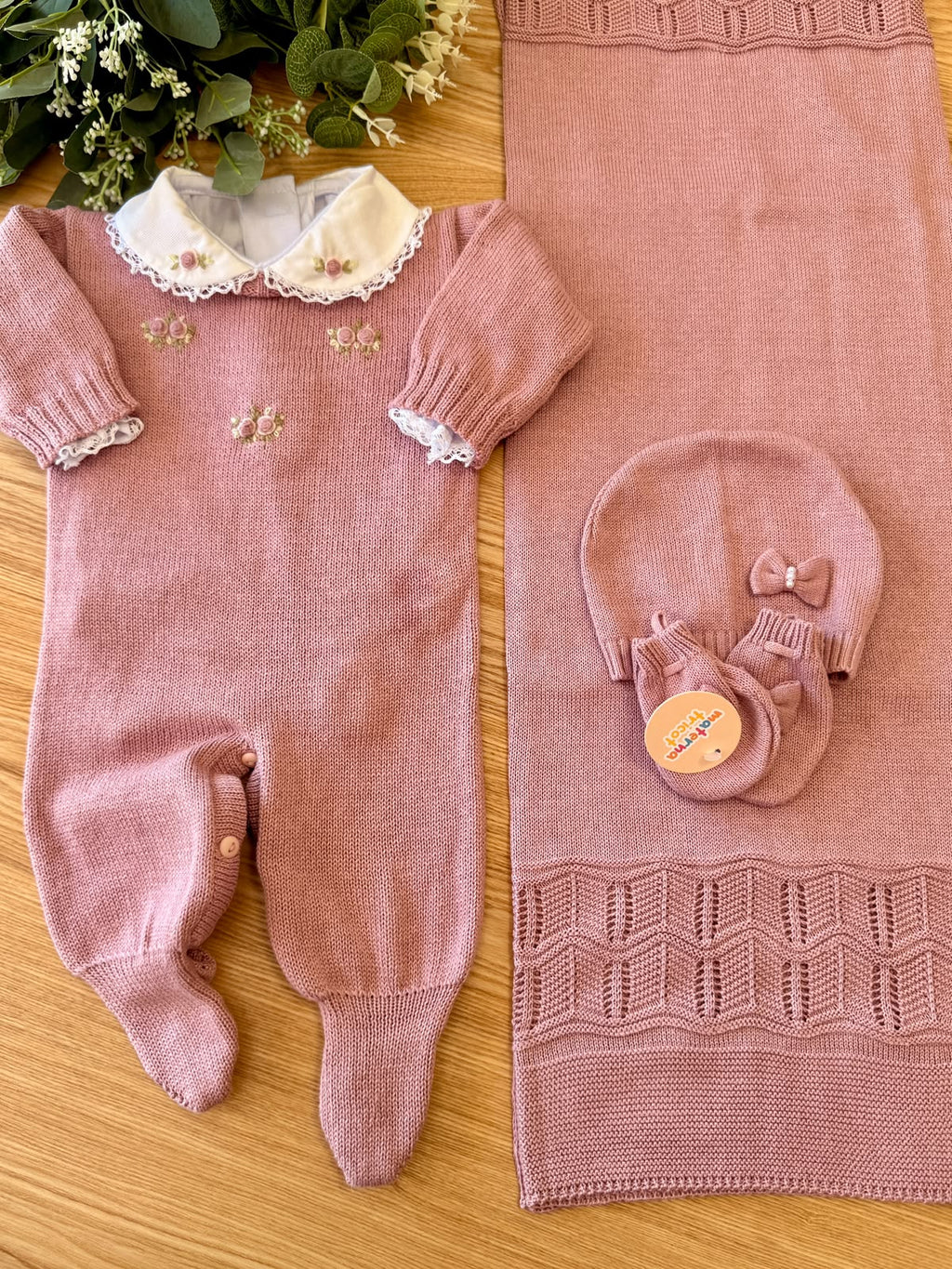 Saída Maternidade Tricot Verde Floral Rosa