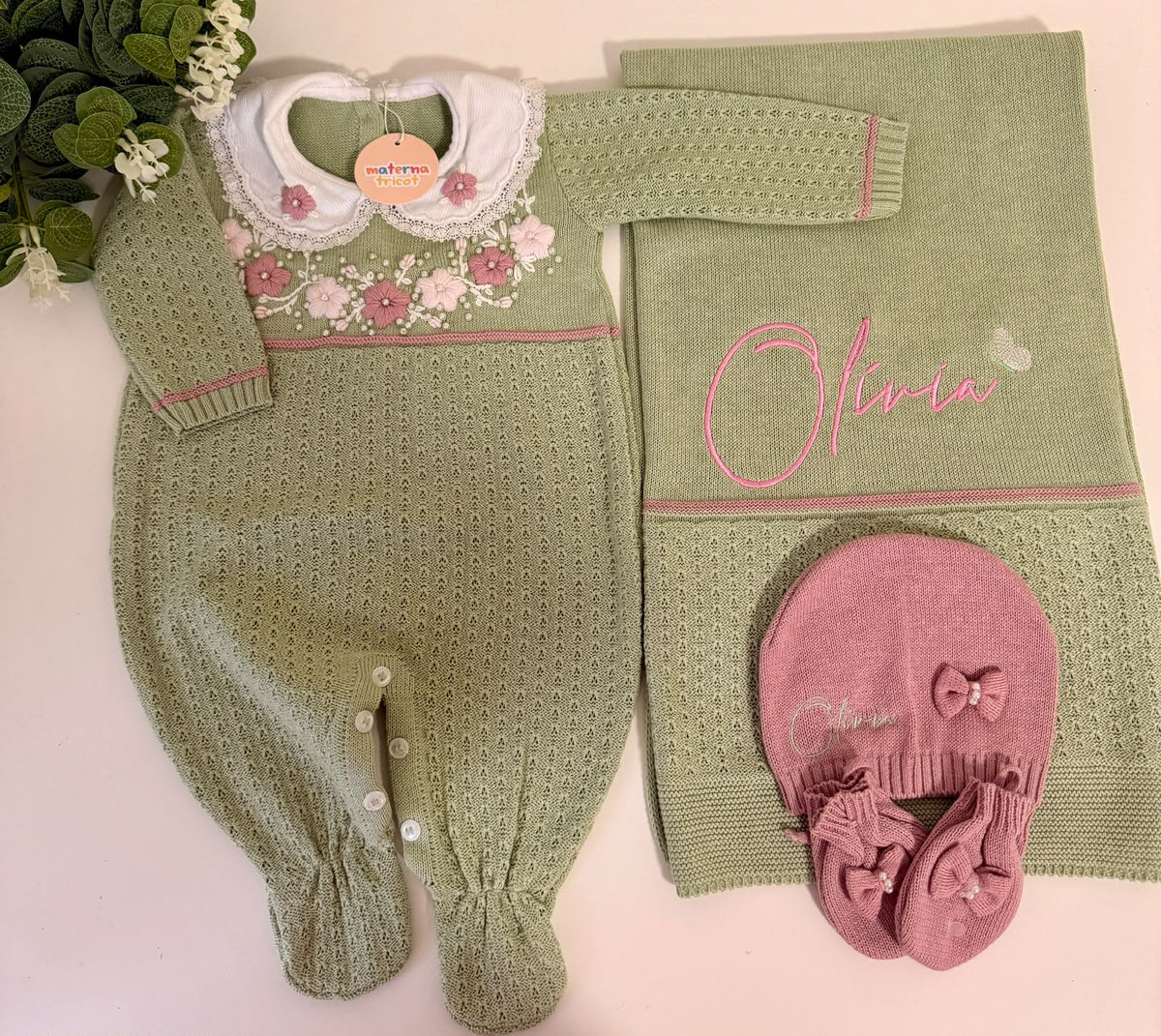 Saída Maternidade Tricot Macacão Flores